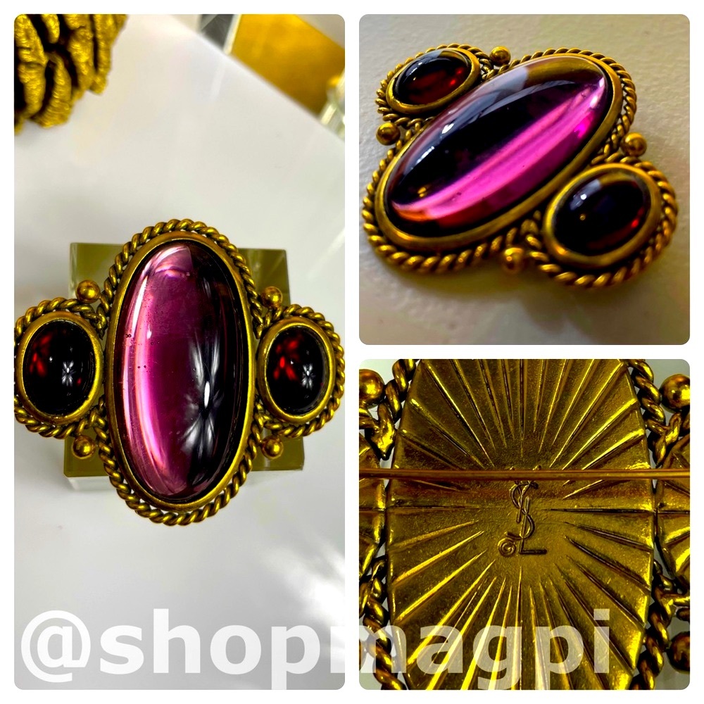 YSL YVES SAINT LAURENT Vintage Resin / Glass Cabochon Brooch With Braided Rope